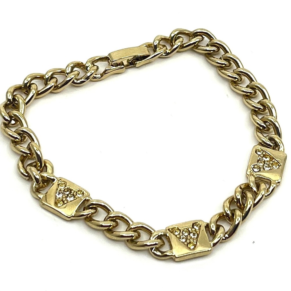Vintage Gold Tone Curb Chain Bracelet Clear Rhinestone Triangle Accents 6.5"